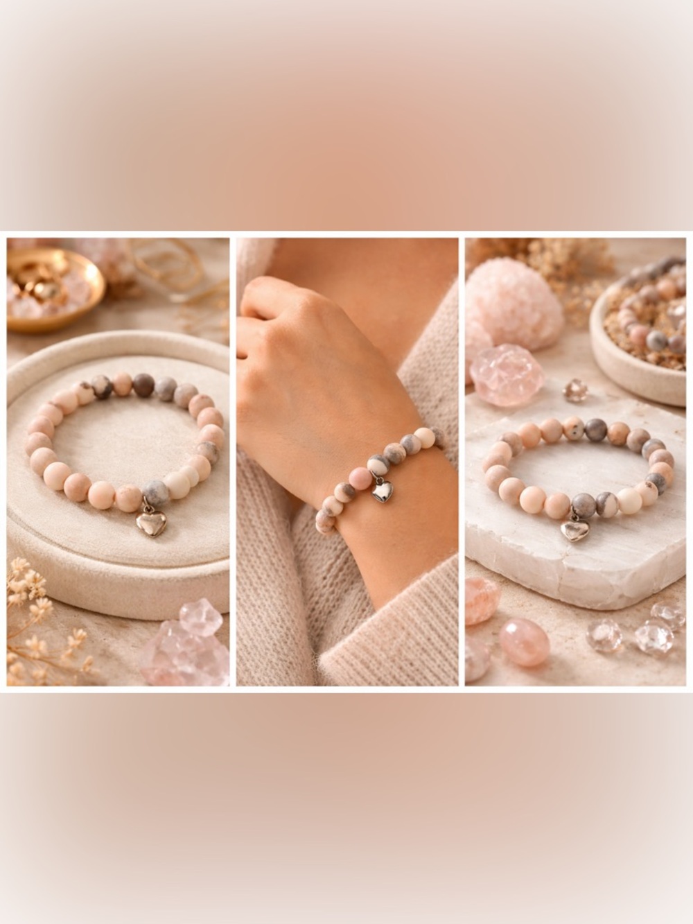 Pink Jasper Beaded Heart Bracelet | Healing Crystal Stretch Bracelet